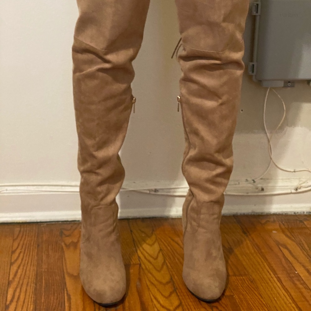 Bamboo over the knee cream suede chunky heel boot